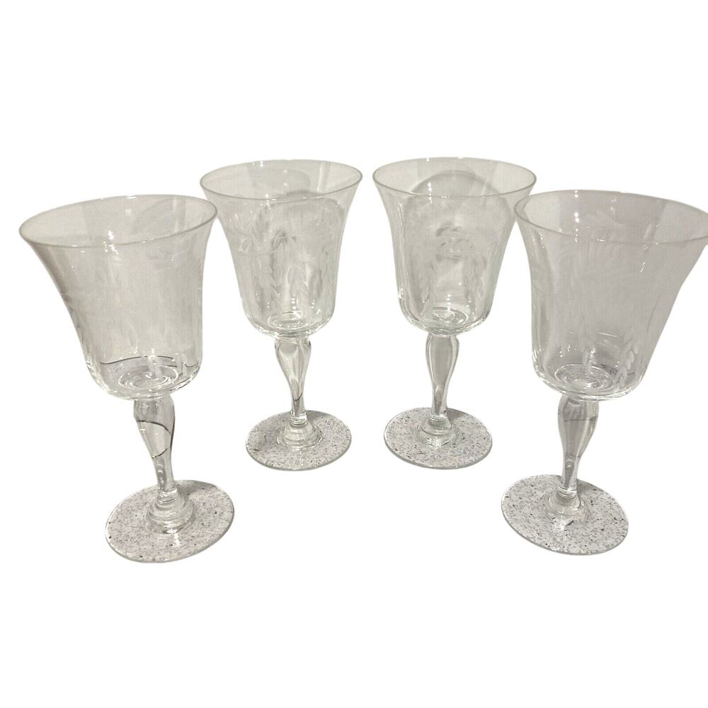 Vintage Sasaki SAS28 Clear Etched Crystal Wine Glasses (4) Mid Century Elegant